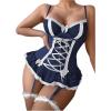 imageSHENHE Womens Lace Up Bowknot Ruffle Lace Corset Top with Thong Lingerie Garter SetDark Blue