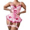 imageSHENHE Womens Lace Up Bowknot Ruffle Lace Corset Top with Thong Lingerie Garter SetHot Pink