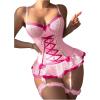 imageSHENHE Womens Lace Up Bowknot Ruffle Lace Corset Top with Thong Lingerie Garter SetHot Pink