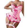 imageSHENHE Womens Lace Up Bowknot Ruffle Lace Corset Top with Thong Lingerie Garter SetHot Pink
