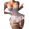 imageSHENHE Womens Lace Up Bowknot Ruffle Lace Corset Top with Thong Lingerie Garter SetLight Pink