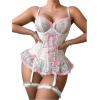 imageSHENHE Womens Lace Up Bowknot Ruffle Lace Corset Top with Thong Lingerie Garter SetLight Pink
