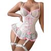 imageSHENHE Womens Lace Up Bowknot Ruffle Lace Corset Top with Thong Lingerie Garter SetLight Pink
