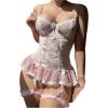 imageSHENHE Womens Lace Up Bowknot Ruffle Lace Corset Top with Thong Lingerie Garter SetPink