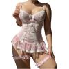 imageSHENHE Womens Lace Up Bowknot Ruffle Lace Corset Top with Thong Lingerie Garter SetPink