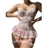 imageSHENHE Womens Lace Up Bowknot Ruffle Lace Corset Top with Thong Lingerie Garter SetPink