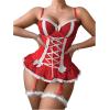 imageSHENHE Womens Lace Up Bowknot Ruffle Lace Corset Top with Thong Lingerie Garter SetRed