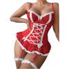 imageSHENHE Womens Lace Up Bowknot Ruffle Lace Corset Top with Thong Lingerie Garter SetRed