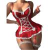imageSHENHE Womens Lace Up Bowknot Ruffle Lace Corset Top with Thong Lingerie Garter SetRed