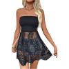 imageSHENHE Womens Strapless Mesh Asymmetrical Long Tube Top Smocked Peplum Bandeau TopBlack