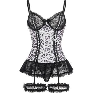 imageSHENHE Womens Lace Up Bowknot Ruffle Lace Corset Top with Thong Lingerie Garter SetMutilcolor Black