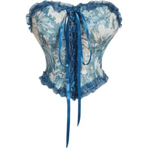 imageSHENHE Womens Lace Up Floral Corset Bustier Tube Strapless Vintage Overbust Corset ShapewearDeep Blue