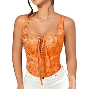 imageSHENHE Womens Sexy Lace Up Corset Top Floral Embroidered Tie Front Square Neck Cropped BusiterOrange