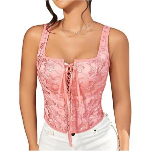imageSHENHE Womens Sexy Lace Up Corset Top Floral Embroidered Tie Front Square Neck Cropped BusiterPink
