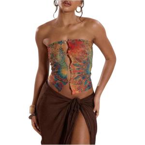 imageSHENHE Womens Sexy Mesh Top Sheer Colorful Strapless Psychedelic Ring Cropped Tube Top Rave OutfitsMulticolor