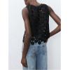 imageSHENHE Womens Asymmetrical Vest Top See Through Circular Embroidered Crew Neck Sleeveless Vest Crop TopBlack