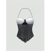 imageSHENHE Womens Floral Lace Halter Backless Tie Front Bow Asymmetrical Crop TopDark Grey