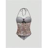 imageSHENHE Womens Floral Lace Halter Backless Tie Front Bow Asymmetrical Crop TopLeopard Print