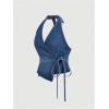 imageSHENHE Womens Halter Neck Denim Wrap Top Side Tie Backless Vintage Jean Top ShirtBlue
