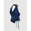 imageSHENHE Womens Halter Neck Denim Wrap Top Side Tie Backless Vintage Jean Top ShirtDark Blue
