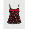 imageSHENHE Womens Lace Trim Cute Strawberry Print Ruffle Hem Babydoll Tank Top CamisoleBlack