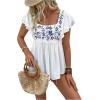 imageSHENHE Womens Square Neck Embroidered Layered Flutter Sleeve Ruffle Hem Peplum Top BlouseWhite