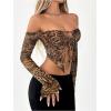 imageSHENHE Womens Y2k Leopard Off Shoulder Open Front Tie Split Long Sleeve Sexy Crop TopBrown