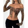 imageSHENHE Womens Y2k Leopard Off Shoulder Open Front Tie Split Long Sleeve Sexy Crop TopBrown