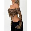 imageSHENHE Womens Y2k Leopard Off Shoulder Open Front Tie Split Long Sleeve Sexy Crop TopBrown