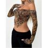 imageSHENHE Womens Y2k Leopard Off Shoulder Open Front Tie Split Long Sleeve Sexy Crop TopBrown