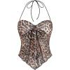 imageSHENHE Womens Floral Lace Halter Backless Tie Front Bow Asymmetrical Crop TopLeopard Print