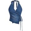 imageSHENHE Womens Halter Neck Denim Wrap Top Side Tie Backless Vintage Jean Top ShirtBlue