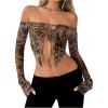 imageSHENHE Womens Y2k Leopard Off Shoulder Open Front Tie Split Long Sleeve Sexy Crop TopBrown