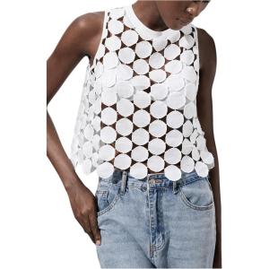 imageSHENHE Womens Asymmetrical Vest Top See Through Circular Embroidered Crew Neck Sleeveless Vest Crop TopWhite