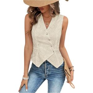 imageSHENHE Womens Button Up Blouse Eyelet Asymmetrical Blouse Top Dressy Sleevless VestApricot