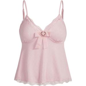 imageSHENHE Womens Coquette Bow Babydoll Top Lace Trim Heart Eyelet Cute Camisole Tank TopPink