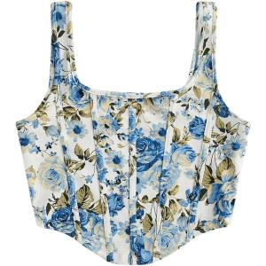 imageSHENHE Womens Floral Bustier Top Square Neck Asymmetrical Elegant Cropped Corset TopGreen and Blue