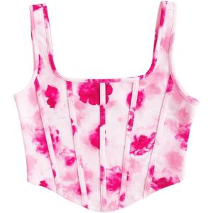 imageSHENHE Womens Floral Bustier Top Square Neck Asymmetrical Elegant Cropped Corset TopHot Pink