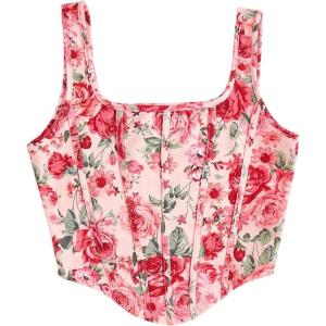 imageSHENHE Womens Floral Bustier Top Square Neck Asymmetrical Elegant Cropped Corset TopRose Pink