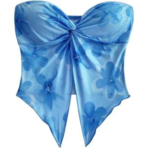 imageSHENHE Womens Floral Crop Tube Top Twist Front Strapless Split Asymmetrical Boho Flowy BandeauBlue