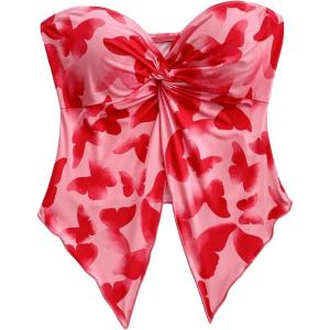 imageSHENHE Womens Floral Crop Tube Top Twist Front Strapless Split Asymmetrical Boho Flowy BandeauMulticolor Butterfly