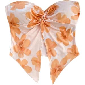 imageSHENHE Womens Floral Crop Tube Top Twist Front Strapless Split Asymmetrical Boho Flowy BandeauOrange