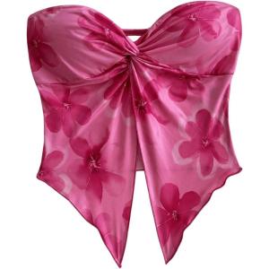 imageSHENHE Womens Floral Crop Tube Top Twist Front Strapless Split Asymmetrical Boho Flowy BandeauPink