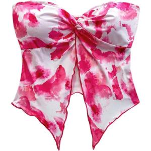 imageSHENHE Womens Floral Crop Tube Top Twist Front Strapless Split Asymmetrical Boho Flowy BandeauPink and White
