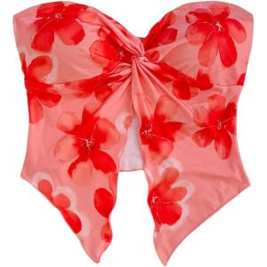 imageSHENHE Womens Floral Crop Tube Top Twist Front Strapless Split Asymmetrical Boho Flowy BandeauRed