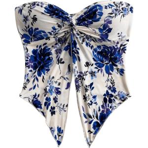 imageSHENHE Womens Floral Crop Tube Top Twist Front Strapless Split Asymmetrical Boho Flowy BandeauWhite and Blue