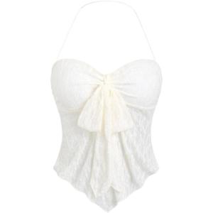imageSHENHE Womens Floral Lace Halter Backless Tie Front Bow Asymmetrical Crop TopApricot