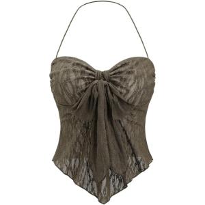 imageSHENHE Womens Floral Lace Halter Backless Tie Front Bow Asymmetrical Crop TopDark Green