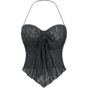 imageSHENHE Womens Floral Lace Halter Backless Tie Front Bow Asymmetrical Crop TopDark Grey