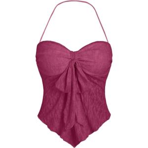 imageSHENHE Womens Floral Lace Halter Backless Tie Front Bow Asymmetrical Crop TopHot Pink